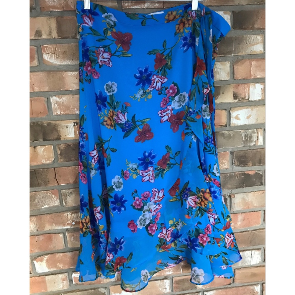 Calvin Klein Women’s Plus Size Blue Chiffon Floral Ruffle Midi Skirt Size 16
